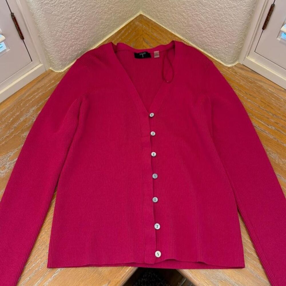 Tahari Dark Pink Ribbed Knit Button Up Cardigan